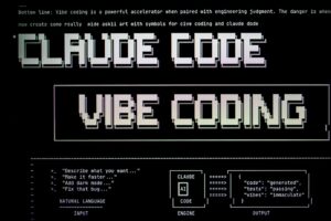 Digital art with text "claude code" and "vibe coding"